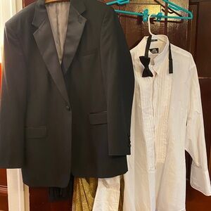 Men's Black Tuxedo Blazer size 46 with white tuxedo shirt and bow tie